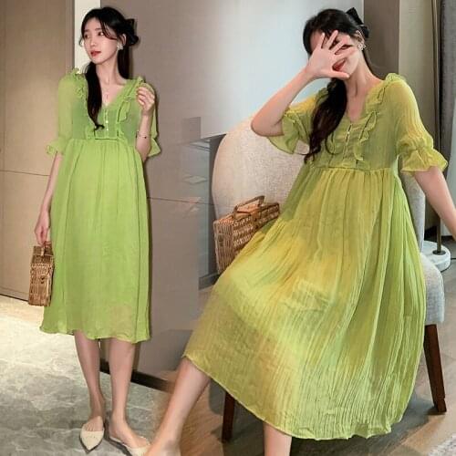 6132# Maternity Clothes Summer Chiffon Short Sleeve Slimming Stylish A Line Dress for Pregnant Women Mom Dress