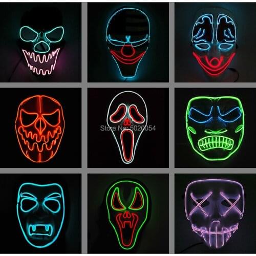 9 Design Choice Joker Clown Glowing Mask EL Wier Halloween Mask Demon Cosplay led luminous Mask Costume Props