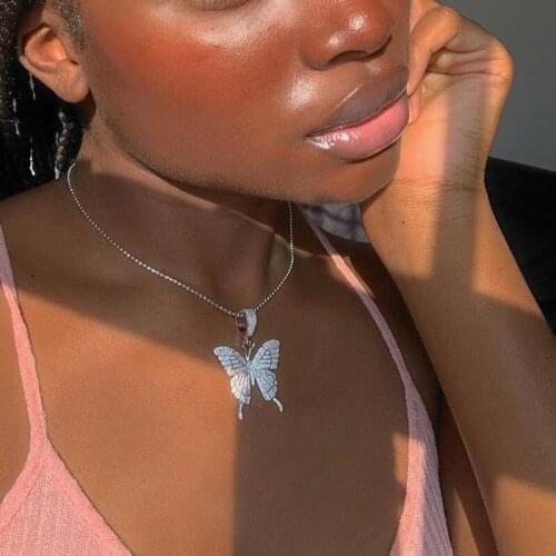 Promotion high quality fashion iced out bling women jewelry micro pave 5A cz zirconia bead chain butterfly necklace