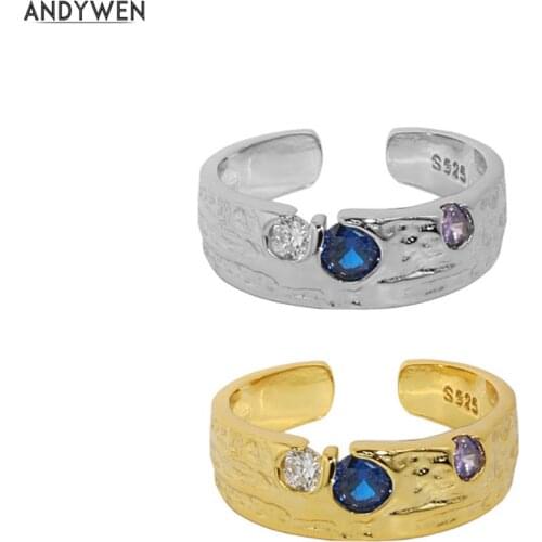 ANDYWEN 925 Sterling Silver 2021 Gold Purple Blue Zircons Resizable Rings Women Geometric Irregular 2021 Wedding Gift