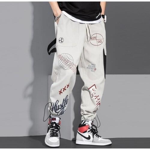Mens Cargo Pants Drawstring Sports Casual Pants Men Korean Trendy Sweatpants Street Hip Hop Alphabet Graffiti Printed Trousers