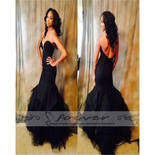 Black Satin Mermaid Evening Dresses Long Sweetheart Backless Tiered Formal Dress Robe De Soiree Longue Abendkleider 2019