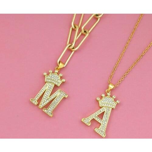 Diy Initial Name Necklace For Women visuteria One piece Big Crown Letter Alphabet Pendant Necklace Chunky Gold Chain Necklace