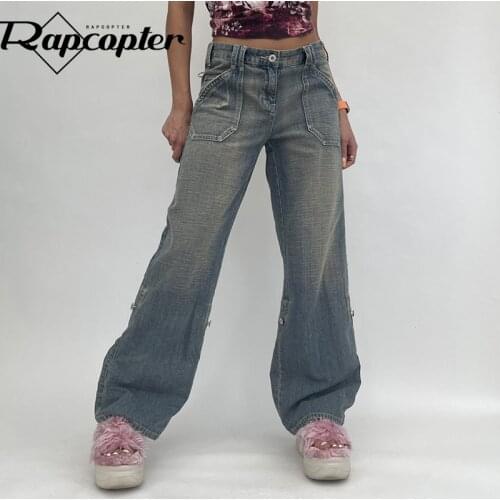 Rapcopter Retro Baggy Jeans Bandage Pockets y2k Denim Trousers High Waisted Grunge Cargo Trousers Women Korean Casual Jeans Boho
