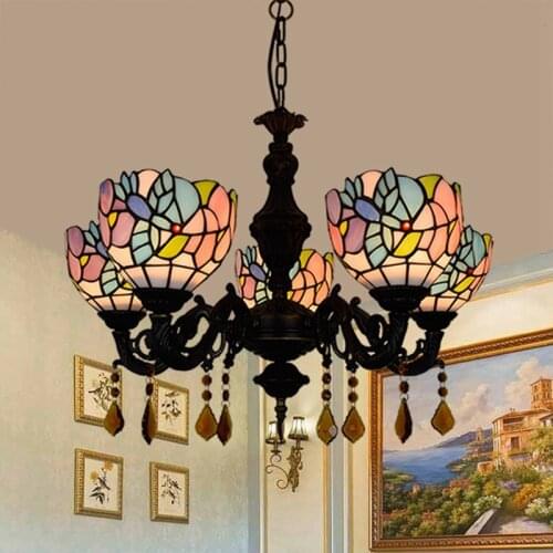 European and American Creative Tiffany Colored Glass Living Room Dining Room Bedroom Bar Club Bird Crystal 5 Chandelier