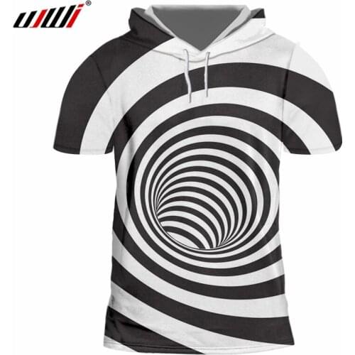 UJWI Mens New Trend Dizzy Stripes Tee Shirt 3D Printed Creative Black White Stitching Vortex Clothing Man Spandex Hooded Tshirt