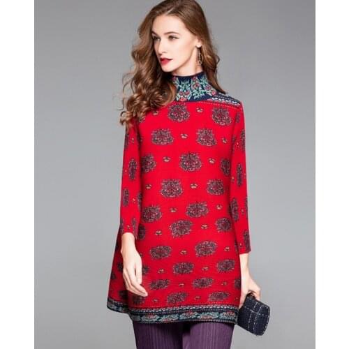 HOT SELLING Miyake fold vintage printing turntleneck three quarter straight dress IN STOCK