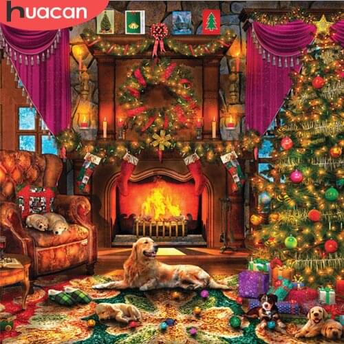 HUACAN Full Square/Round Diamond Painting Christmas House 5D Diamond Embroidery Dog Mosaic Rhinestones Pictures Home Decor