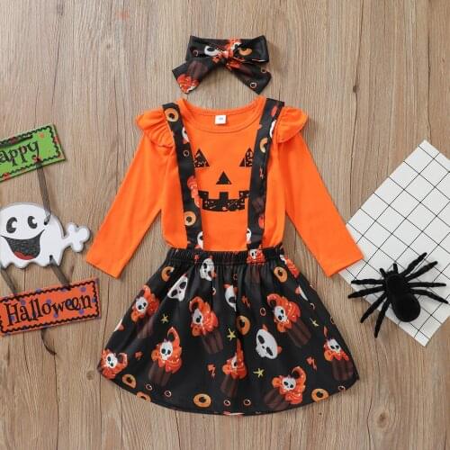 3Pcs Toddler Halloween Clothes Set Long Sleeves T-Shirt Skull Print Suspenders Skirt Headband for Girls Baby Clothing