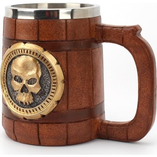 600ML Retro Skull Wooden Barrel Cup 3D Resin Stainless Steel Beer Mug Knight Halloween Tea Coffee Cup Pub Bar Decoration