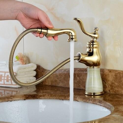 All Copper Antique Basin Faucet Hot And Cold Water Faucet Short Gold Pulling Bathroom Sink Faucets Mixer Taps