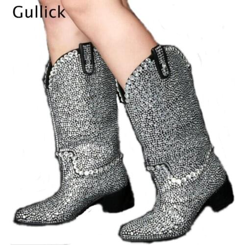 Newest Luxurious Sliver Crystals Embellished Woman Mid-Calf Boots Eye-catching Slip On Deep-V Boots Round Toe Botines Mujer