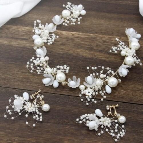 Bridal White Big Pearls Flower Hairbands Elegant Headband Women Headwear Ear Hair for Girls Party Hair Accessory + Earrings Set