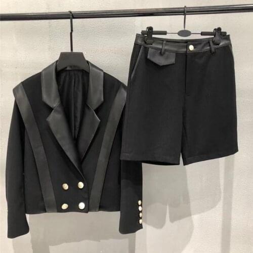 Office Lady Outfit Patchwork Sheepskin Long Sleeve Blazer Black White Double Breasted Coat Shorts Set Loose Suit for Business