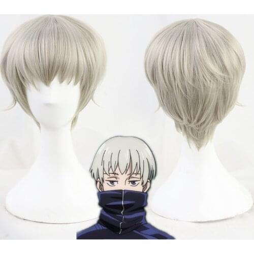 Jujutsu Kaisen Toge Inumaki Cosplay Wigs 30cm Short Gray Men Wigs Heat Resistant Synthetic Hair Halloween Party + Free Wig Cap