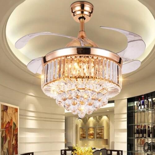 Art Decorative CRYSTAL Ceiling Fan light Y4216 Retractable Blades Fans Hidden Blades Super Quiet body material IRON