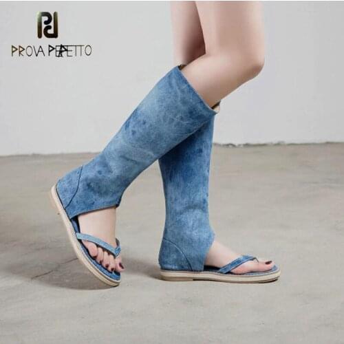 College Style British Round-toe Flat-heel Casual Sandals, Denim Stitching Trendy Flip-flops, Knee-length High-top Sandals