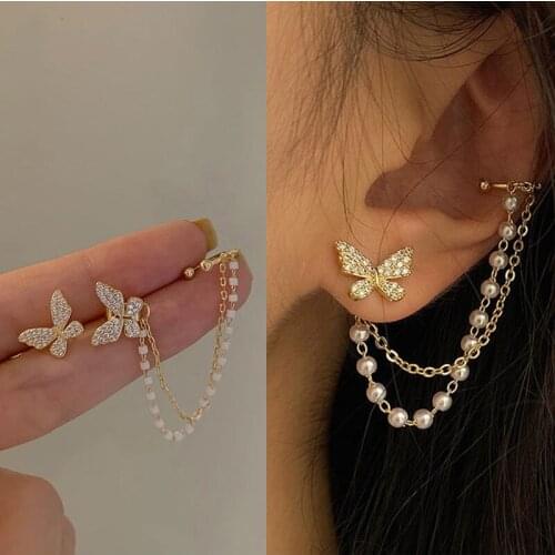 Butterfly Pearl Chain Stud Earrings for Women Girl Asymmetric Fashion Romantic Ear Bone Clip Jewelry Girls Wedding Party Gift