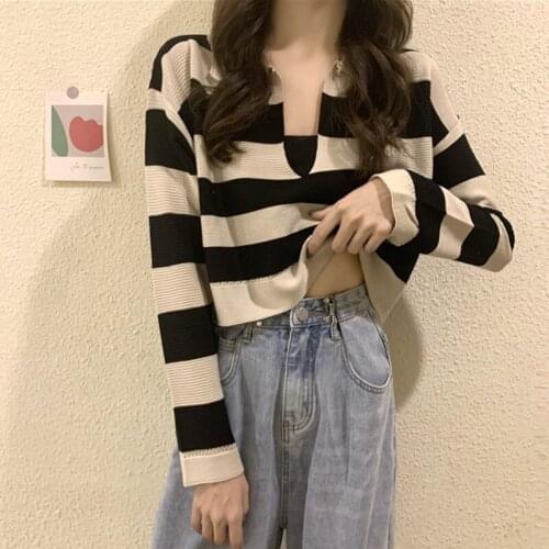 Striped Spring Autumn Sweater Long-Sleeved Short V-neck Lapel Sweater Top