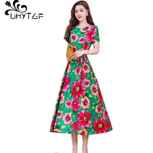 UHYTGF Elegant Mom Long Dress Fashion Printed Cotton Silk Summer Dress Womens Clothes Pullover Big Swing Plus Size Dresses 1420
