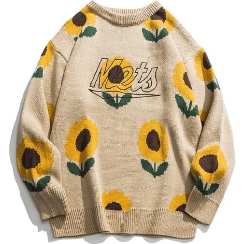 Japanese Harajuku Knit Embroirdered Sunflower Sweater for Women and Men Cute Knitted Pullover Embroidery Floral Sunflower Jumper