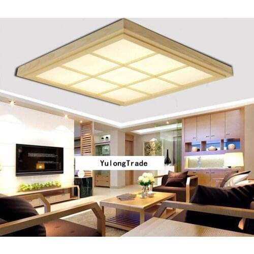 Japanese Style Tatami Wood Ceiling and Pinus Sylvestris Ultrathin LED Lamp Natural Color Square Grid Paper Ceiling Lamp Fixture
