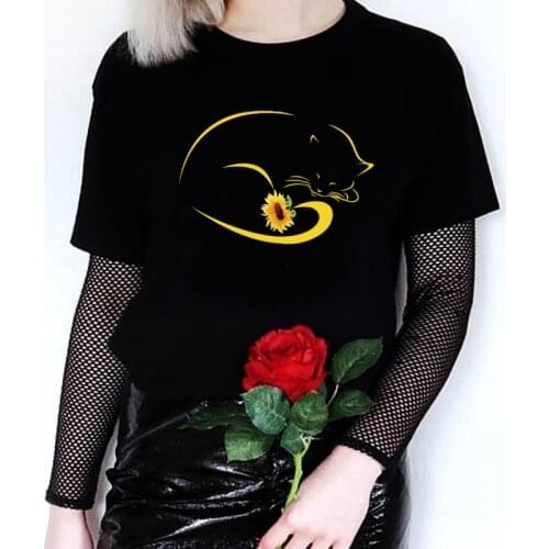 Lazy Cat Print Funny Women T-shirt Short Sleeve Sunflowers Summer T-shirt Graphic Tees Women Clothes Ropa De Verano Mujer 2020