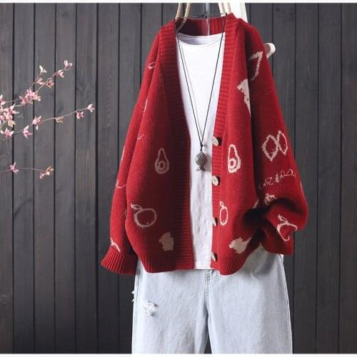 2021 Fashion Spring Autumn Lazy Style Ladies Loose Sweater Coat Knit Cardigan Jacket Retro Art Embroidered Knitted Jacket