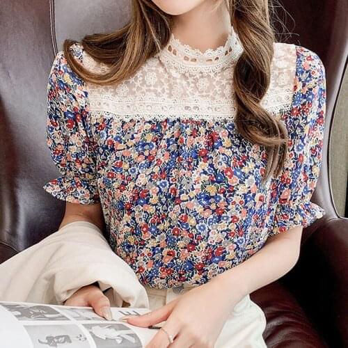 2021 Summer Korean Fashion Women Clothing Flower Splicing Chiffon Blusas Mujer Ladies Tops Dropshipping Stand Lace Female 0631