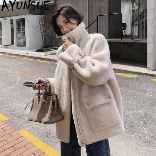 AYUNSUE Real Sheep Shearling Fur Coat 2020 Autumn Winter Jacket Women 100% Wool Coats and Jackets Women Outwear Abrigo Mujer MY