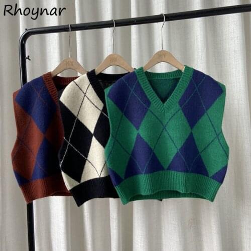Sweater Vest Women Basic Retro Argyle All-match College Girls Sleeveless Knitwear Cropped Clothing Ulzzang V-neck Outerwear Chic
