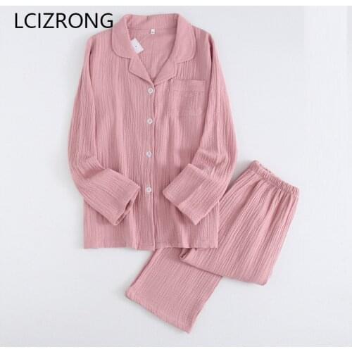 Spring Cotton Crepe Couple Pajama Set Women Solid Plus Size Long Sleeve Cardigan Long Pant Home Suits Sleepwear Nightgown Female