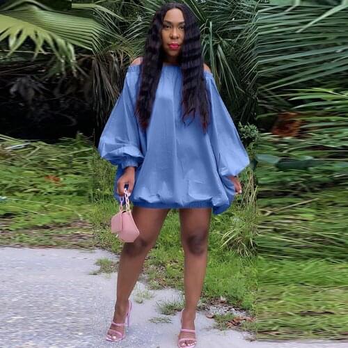 Off The Shoulder Slash Neck Long Puff Sleeve Loose Short Dress Women Fashion Casual Solid Backless Night Club Partywear Dresses