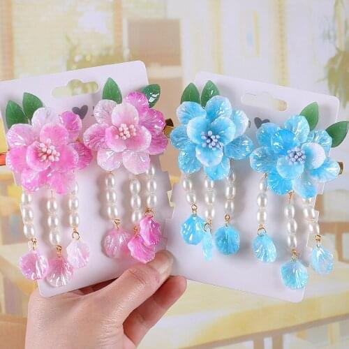 2PCS NEW Children Gifts Glass Flower Hair Clip Camellia Ancient Wind Pearl Han Clothing Baby Candy Color Girls HeadWear