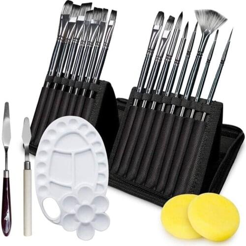 AU42 -20 Pcs Paint Brush Set for Acrylic Oil Watercolor Painting Brushes with 1 Paint Tray, 2 Palette Knife and 2 Sponges
