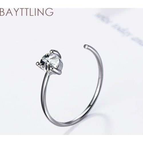 BAYTTLING 925 Sterling Silver Simple Black/Silver Round Zircon Open Ring For Woman Fashion Jewelry Couple Ring Gift
