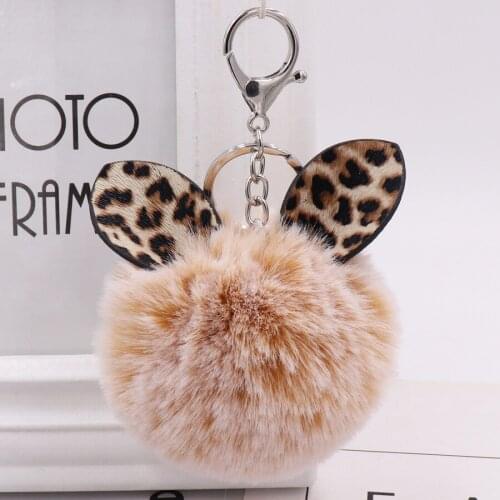 2021 Winter New Fashion Leopard Ear Hairball Key Chains for Women Soft Plush Faux Rabbit Fur Female Backpack Pendant Accessories