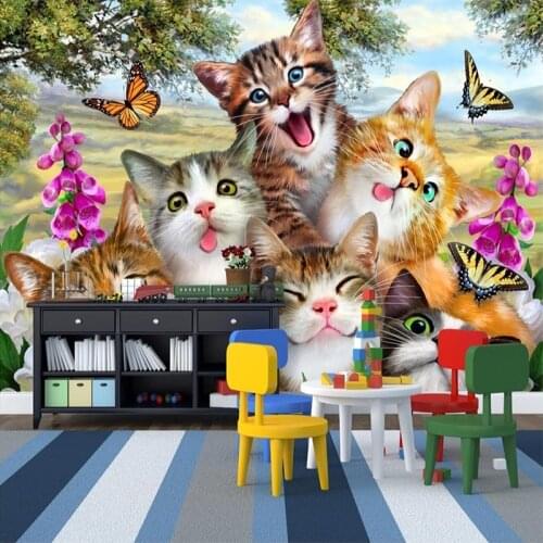 Photo Wallpaper 3D Cartoon Cute Cat Animal Wallpaper Murals Children Kids Bedroom Backdrop Wall Eco-Friendly Non-Woven Murals 3D