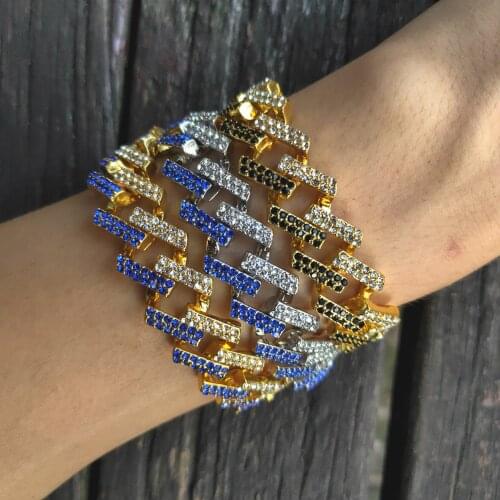 Hip Hop Cuban Chain 15mm Gold Full Diamond Bar Shape Men Bracelet Fashion Jewelry Big Bracelet for Men Snap Button Jewelry