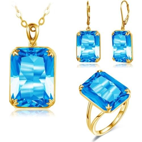 100% Real 925 Sterling Silver Jewelry Set Rings Pendant Drop Earrings Sky Blue Topaz 14K Gold Ring Pendant Silver Sets For Women