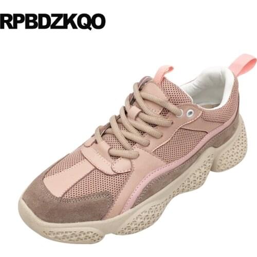 Casual elevator sneakers pink lace up cowhide creepers platform shoes mesh genuine leather thick sole trainers breathable women