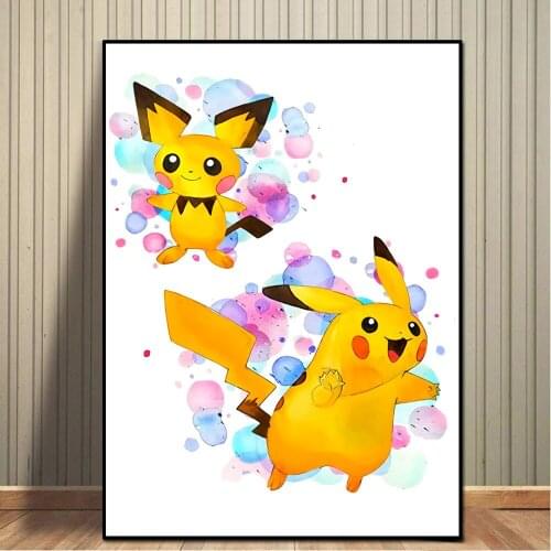 Pokemon Game UV Paper Poster Anime Cartoon Watercolor Pikachu Pokémon Wall Stickers for Living Room Bedroom Children Room Decor