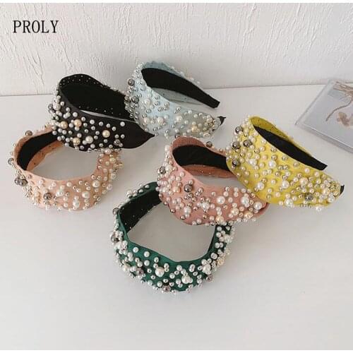 PROLY New Fashion Women Hairband Wide Side Pearls Headband Luxurious Baroque Hair Accessories Adult Solid Casual Headwear