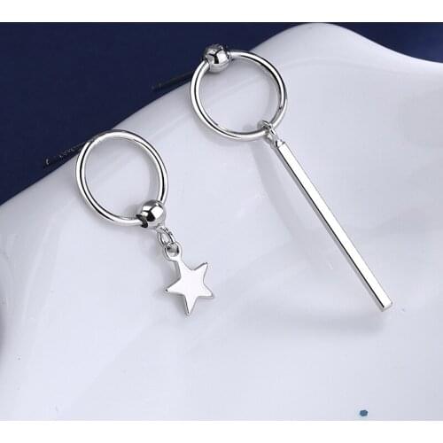 925 Sterling Silver Earrings Asymmetry Star Round Drop Earrings For Women Girls Fashion Jewelry pendientes eh1337