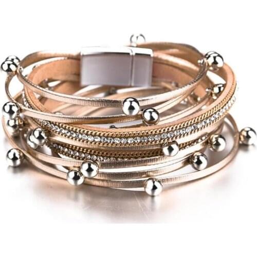 YLWHJJ brand women Multi-Layer Beaded Leather Wrap Bracelet With Crystal Metal Charm fashion Jewelry