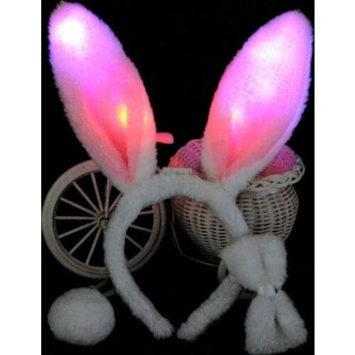 Woman Girl Animal Cosplay Light Flashing LED Plush Fluffy Bunny Rabbit Ears Headband Tail Tie Costume Christmas Halloween