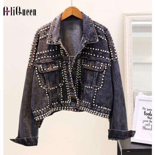 Punk Style Hand Studded Rivet Cool Denim Womens Jackets and Coats Streetwear Tassel Loose Short Denim Sherpa Sequin Jeans Jacket