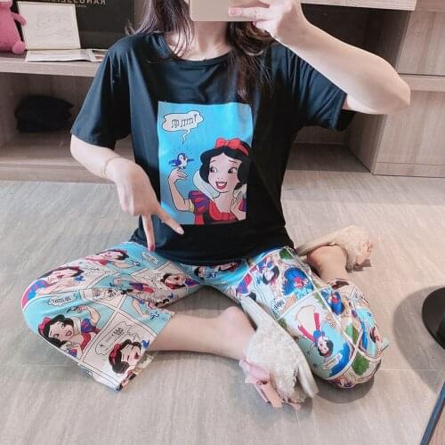 Disney Mickey lady nightgowns Spring summer trousers white snow printing pajamas women short sleeve loose milk silk sleepwear