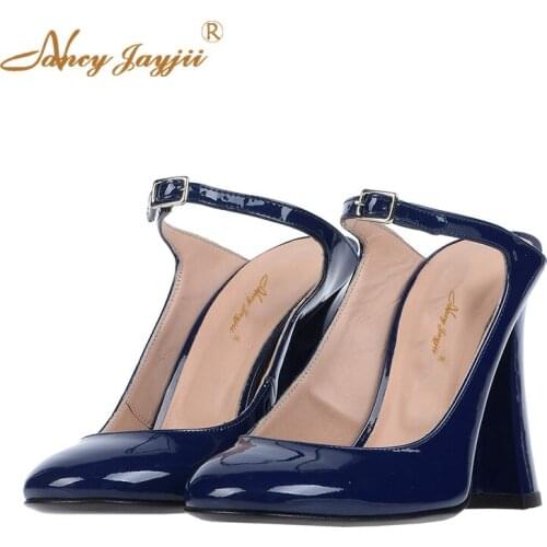 Woman slippers Ladies Shoes Adult Blue solid Patent Leather Ankle-Wrap Spring/Autumn Buckle Super High Square heels Nancyjayjii
