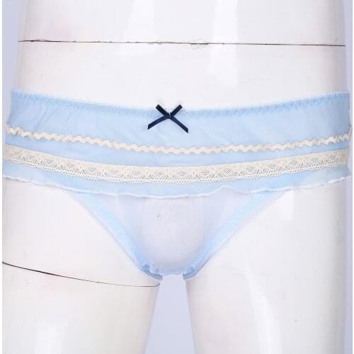 Man Briefs Panties Sissy Crossdress Cosplay See-Through Mesh Elastic Waistband Ruffle Trim Pure Color Cute Underwear Underpants